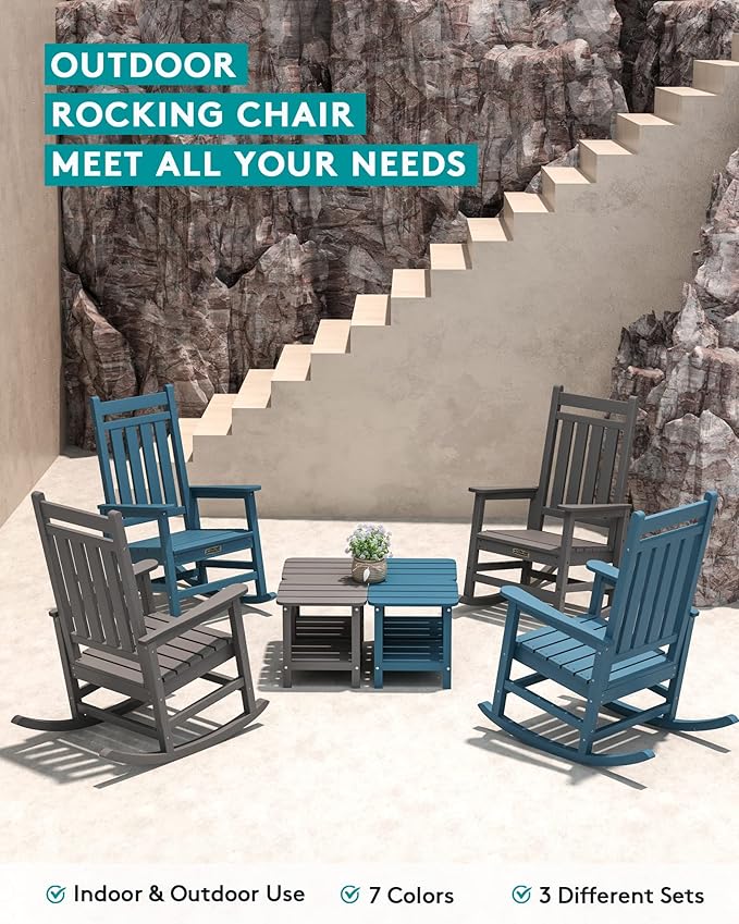SERWALL Outdoor Rocking Chair Set of 4, Patio Rocking Chairs for Adult, All Weather Resistant Porch Rockers for Lawn Garden, Blue