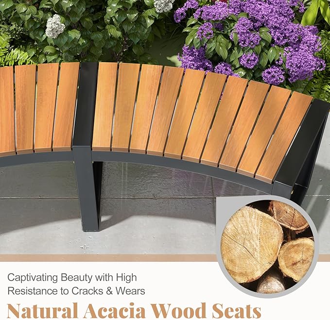 Moccha Outdoor Curved Bench, Acacia Wood Fire Pit Bench w/Slatted Seat, Metal Frame, Loveseat, Outside Chair, Patio Backless 2-Person Seating for Yard Deck Porch 800 LBS Max Load, Oil Painted (2)