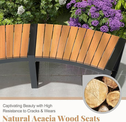 Moccha Outdoor Curved Bench, Acacia Wood Fire Pit Bench w/Slatted Seat, Metal Frame, Loveseat, Outside Chair, Patio Backless 2-Person Seating for Yard Deck Porch 800 LBS Max Load, Oil Painted (1)