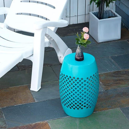 Outsunny 12" Steel Outdoor Side Table, Round Hollow Drum Patio End Table, Accent Table for Indoor and Outdoor, Blue