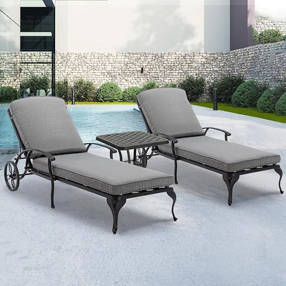 HOMEFUN Chaise Lounge Chair Outdoor - Poolside Chairs Set of 2 with Cushion and 1 Patio Side Table Cast Aluminum Waterproof Lounger with Wheels and Adjustable Reclining (Gray Cushion)