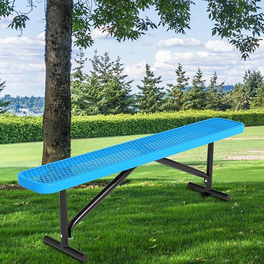 6FT Outdoor Park Benches for Outside, 72" Backless Heavy-Duty Commercial Blue Garden Bench with Expanded Steel Mesh Seat, Weatherproof Park Patio Dining Table Bench for Backyard Lawn School Porch Deck