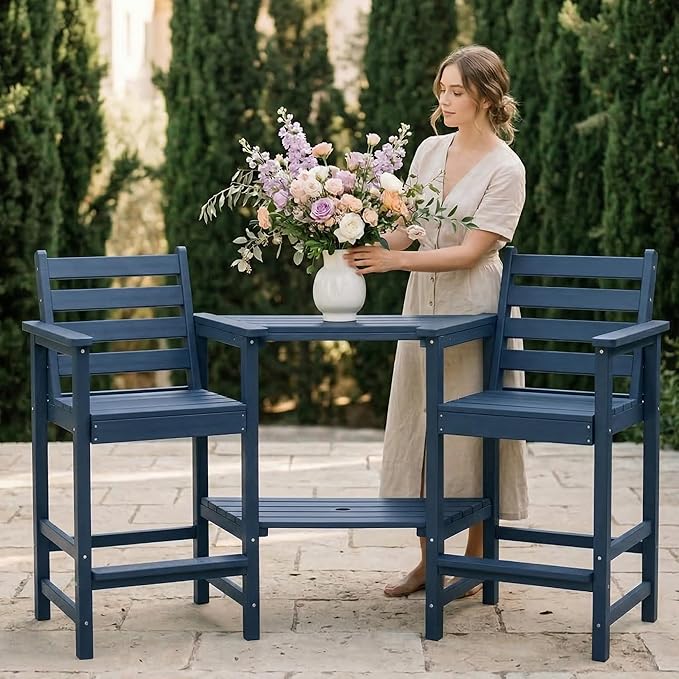Kingdura Tall Adirondack Chairs Set of 2, Weather Resistant HDPE Bar Height Outdoor Stools with Removable Double Connecting Trays, Wooden Grain for Patio, Balcony, Deck (Navy Blue)