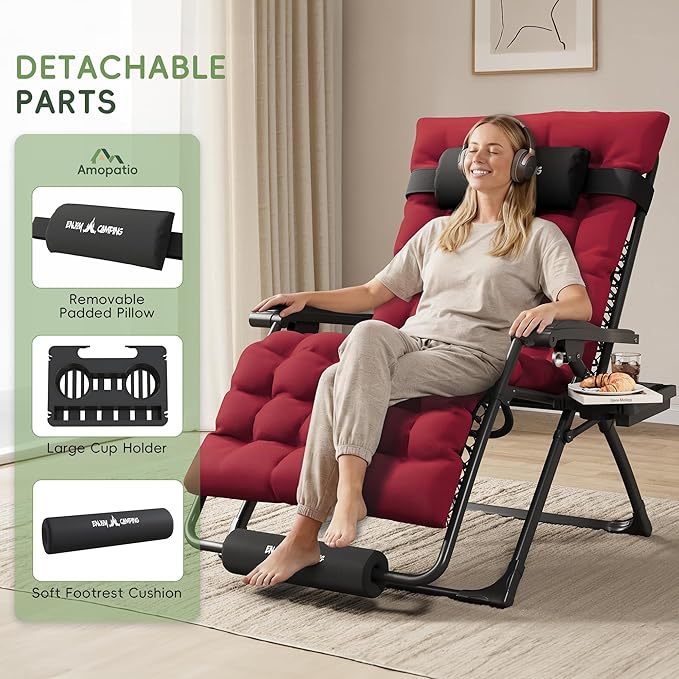 Amopatio Oversized Padded Zero Gravity Chair, XL 29In Reclining Camping Lounge Chair w/Removable Cushion&Headrest - Photo 4