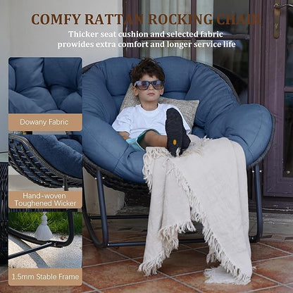 Oversized Rocking Chair Outdoor, Rocking Papasan Chair, Patio Egg Chair with Padded Cushion, Outdoor Wicker Rocking Chair for Front Porch, Garden, Patio (Navy Blue)