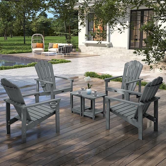 Stackable Adirondack Chair Set of 2, HDPE All-Weather Adirondack Chairs - Durable and Space Saving, Plastic Outdoor Fire Pit Chairs with Cup Holder,Grey