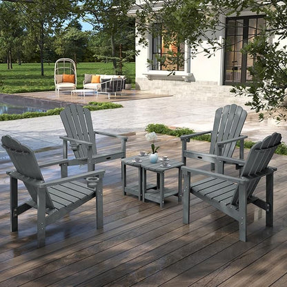 Stackable Adirondack Chair Set of 4, HDPE All-Weather Adirondack Chairs - Durable and Space Saving, Plastic Outdoor Fire Pit Chairs with Cup Holder,Grey