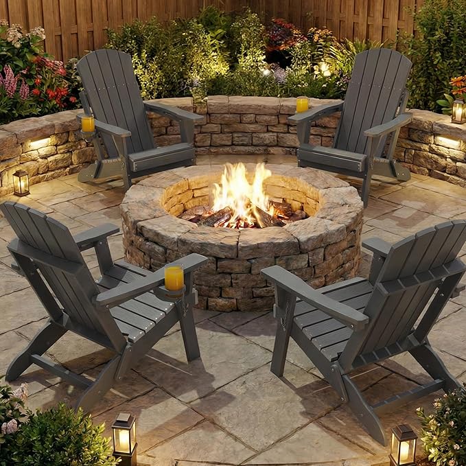 Adirondack Chairs Set of 4 for Outdoor Patio: Sturdy HDPE Plastic Fire Pit Chairs with Cup Holder & Wood Texture - Comfortable Easy to Assembly All-Weather Furniture - Easy Foldable and Stackable
