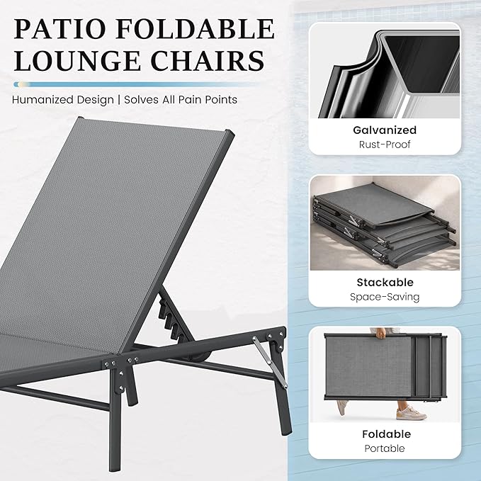 UDPATIO Foldable Patio Lounge Chair Sets with Side Table, No Assembly Outdoor Chaise Lounge with 5-Positions, Poolside Lounge Chairs with Portable Design for Pool, Beach, Deck, Backyard-Gray