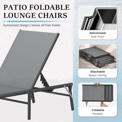 UDPATIO Foldable Patio Lounge Chair Sets with Side Table, No Assembly Outdoor Chaise Lounge with 5-Positions, Poolside Lounge Chairs with Portable Design for Pool, Beach, Deck, Backyard-Gray