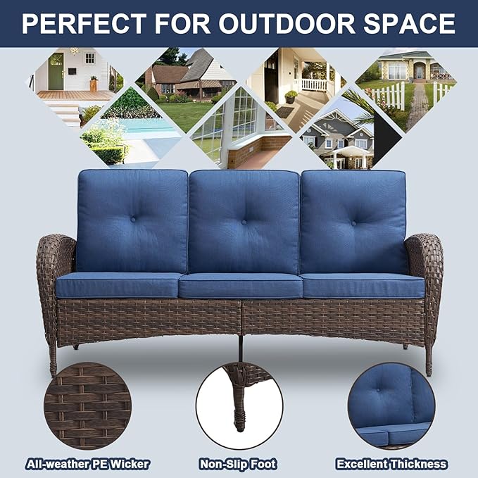 Belord Outdoor Patio Furniture - Wicker Sofa with Removable Cushion, 3 Seater Rattan Couch with Deep Seat, High Backrest, All-Weather for Balcony, Deck, Backyard, Brown/Blue