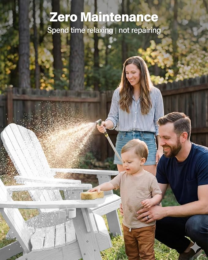 Oversized Plastic Adirondack Chair Set of 2 with Cup-Holder (Large Dual-Purpose), Weather Resistant, Poly Lumber Outdoor Chairs Duty Rating Widely Used in Patio, Lawn, Outside, Garden Chair-White
