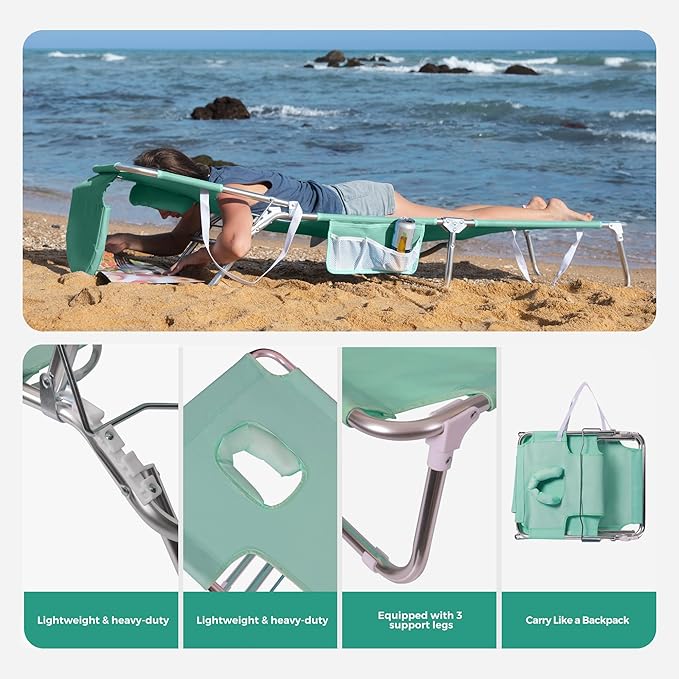 SUNNYFEEL Beach Lounge Chair, Aluminum Tanning Chair with Face Hole, Foldable Lounge Chair Outdoor, Sun Tanning Chair with Backpack Straps for Outdoor/Picnic/Lawn