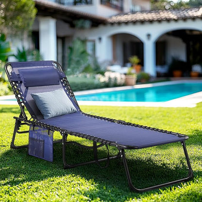 Unovivy Outdoor Chaise Lounge Chairs Set of 2, Portable Folding Pool Lounge Chair with 5-Position Reclining Back, Teslin Tanning Chair for Pool, Beach, Patio, Sunbathing