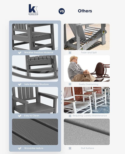 KINGYES HDPE Outdoor Rocking Chair, Widened Seat Patio Rocking Chair, Oversized All Weather Patio Rocker, Gray