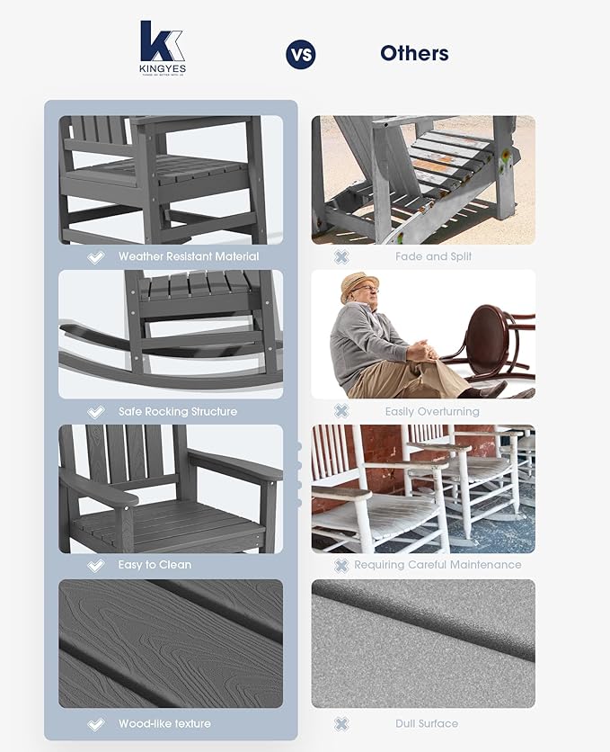 KINGYES Oversized Outdoor Rocking Chair with Cushion, All-Weather Patio Rocking Chairs, HDPE Porch Rocker for Adults, 350 lbs Capacity, Grey Chair with Flower Cushion