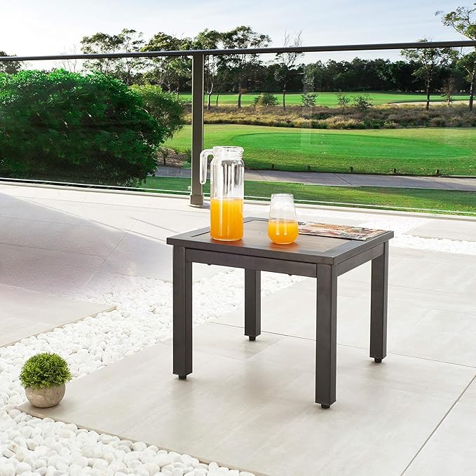 LOKATSE Home Outdoor Square Metal Coffee Side Table Patio Furniture with Wood Grain Top for Backyard, Deck, Lawn, Garden