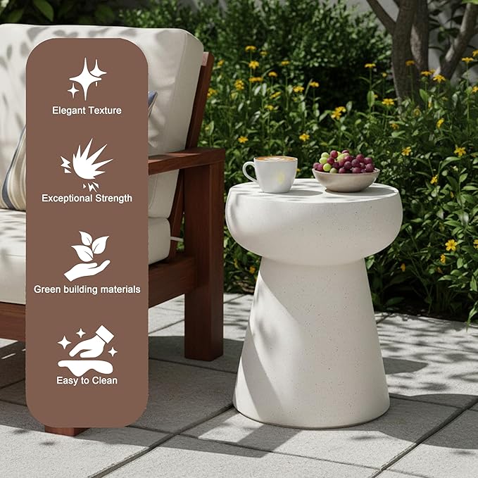 Outdoor Side Table Round Concrete End Table Faux Stone Side Tables Travertine Small Coffee Tables for Indoor Outdoor, Garden Stool Plant Stand for Porch, Backyard Patio, 14.56" Pedestal