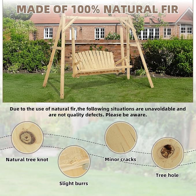 2-Seat Wooden Log Porch Swing With Stand, Rustic Hardwood Chair Bench, Curved Back, for Outside Yard, Garden, Deck - Photo 7