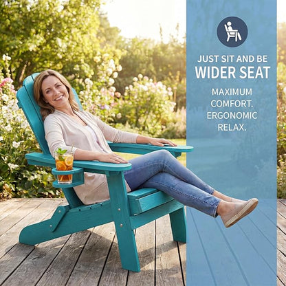 JEKO&JEKO Folding Adirondack Chair, All-Weather Outdoor Chair with Cup Holder, Plastic Adirondack Chair for Patio, Garden, Lawn, Porch, Deck, Backyard – Aruba Blue