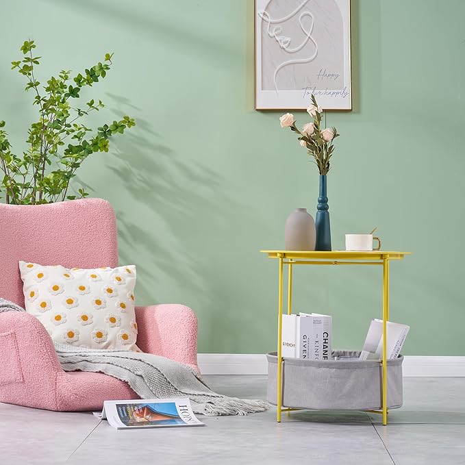 VECELO Round Side/End Table with Fabric Storage Basket，Metal Anti-Rust and Waterproof Small Bedside Nightstand with - Photo 6