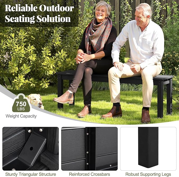 Tangkula HDPE Outdoor Bench, 2-3 Person Patio Bench, 55" Backless Garden Dining Bench with Slatted Seat, Weatherproof Park Bench for Entryway, Porch, Lawn & Backyard (Black,2)