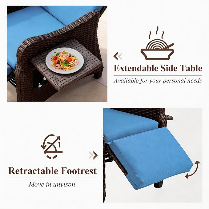 HOMREST Outdoor Recliner Chair with Flip-up Table Set of 2, Rattan Armchair with 150°Adjustable Backrest, Wicker Lounge Chair with Integrated Footstool and Removable Cushion for Gardens, Navy Blue