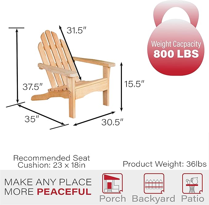 Amish Casual Heavy Duty Adirondack Chair in Unfinished - Authentic Amish Craftmanship from Treated Pine, Outdoor Chair Made in The USA, 800 Lb Weight Capacity
