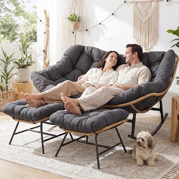 RADIATA Double Rocking Chair with Ottomans, Oversized Egg Rocking Chair for 2 - Photo 1