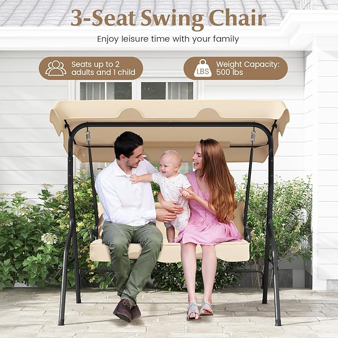 RELAX4LIFE 3-Person Porch Swing Chair - Outdoor Swing w/Adjustable Canopy, Removable Cushion & Metal Frame Stand - Photo 3