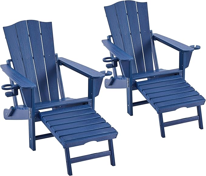 Yaheetech Adirondack Chair with Retractable Ottoman, All Weather Patio Folding Fire Pit Chair with Cup Holder and Phone Holder for Outdoor Poolside, Navy Blue, 2 pcs