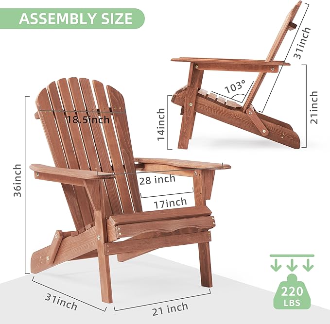 Wooden Folding Adirondack Chair Set of 2, Half Pre-Assembled Outdoor Wood Patio Lounge Chair for Lawn Backyard Deck Pool Beach Firepit