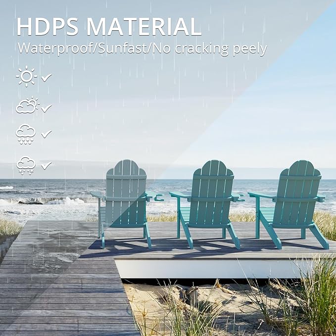 LUE BONA HDPS Adirondack Chairs Set of 4, Fire Pit Outdoor Chair Weather Resistant with Cup Holder, Modern Plastic Chair Plastic for Patio, Deck, Proch, 350LBS, Blue Turquoise