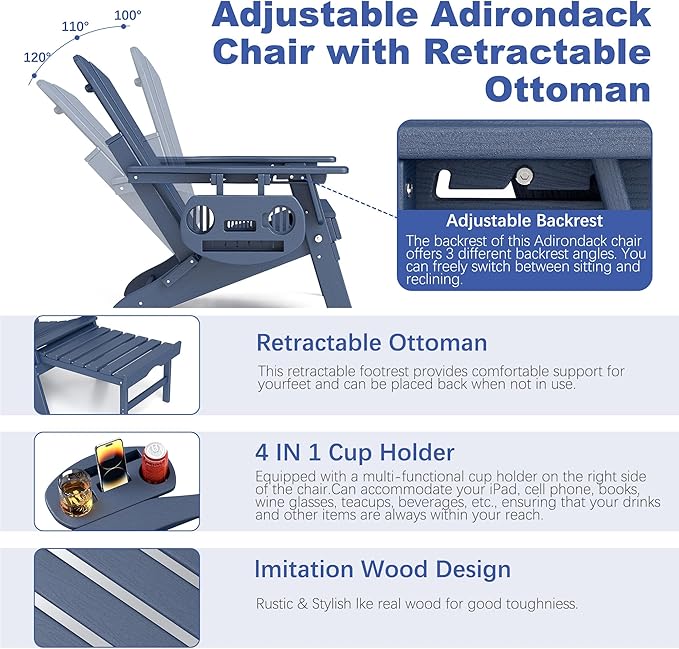 FOOWIN Adirondack Chair with Retractable Ottoman,HDPE Folding Adjustable Adirondack Chair w/4 in 1 Cup Holder Trays,All-Weather Resistant Fire Pit Chair for Outdoor Patio Lawn Set of 4