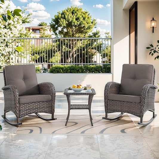 Patio Rocking Chair: Outdoor Wicker Rocker Porch Rocking Chair with Removable Cushion, 300 Lb Weight Capacity Rattan Rocking Seating for Balcony Garden Brown-Grey