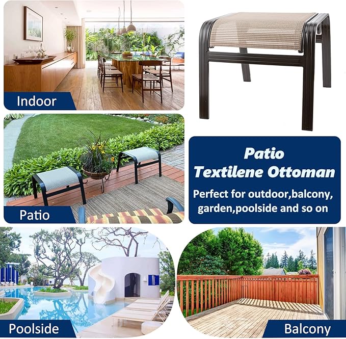 Outdoor Patio Ottoman Seat Textilene Portable Metal Footstool Portable Footrest Patio Chairs 2 Set Beige - Photo 6
