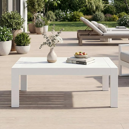 Solaste Aluminum Outdoor Coffee Table, All-Weather Rectangle Metal Patio Coffee Table Furniture for Balcony, Garden, Indoor or Outdoor Use, White