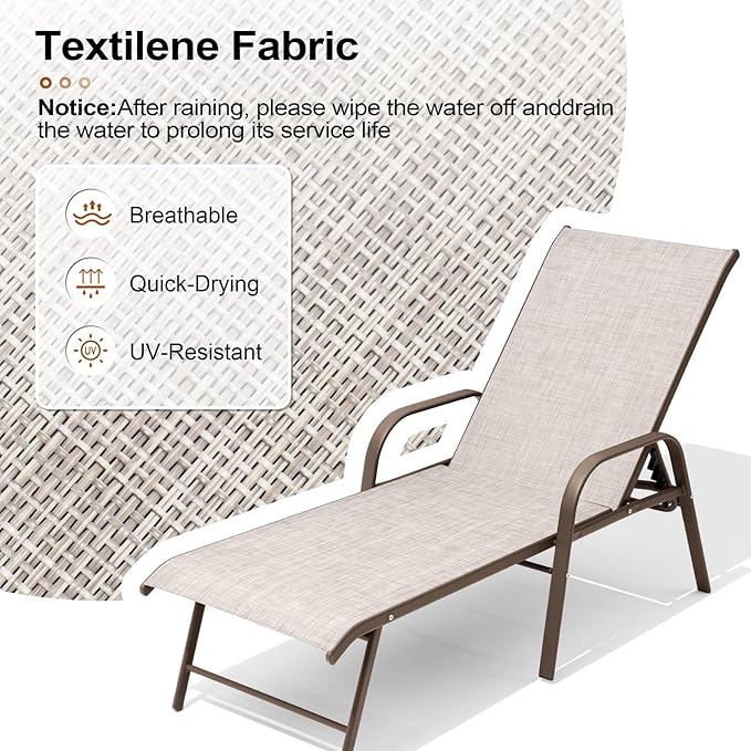 Crestlive Products Chaise Lounge Chair Outdoor with Armrests, Pool Lounge Chairs Set of 2, Aluminum Adjustable 5 Positions Sun Tanning Lounger for Patio, Poolside, Yard, Deck, Backyard (Beige)