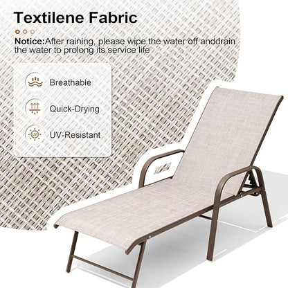 Crestlive Products Chaise Lounge Chair Outdoor with Armrests, Pool Lounge Chairs Set of 2, Aluminum Adjustable 5 Positions Sun Tanning Lounger for Patio, Poolside, Yard, Deck, Backyard (Beige)