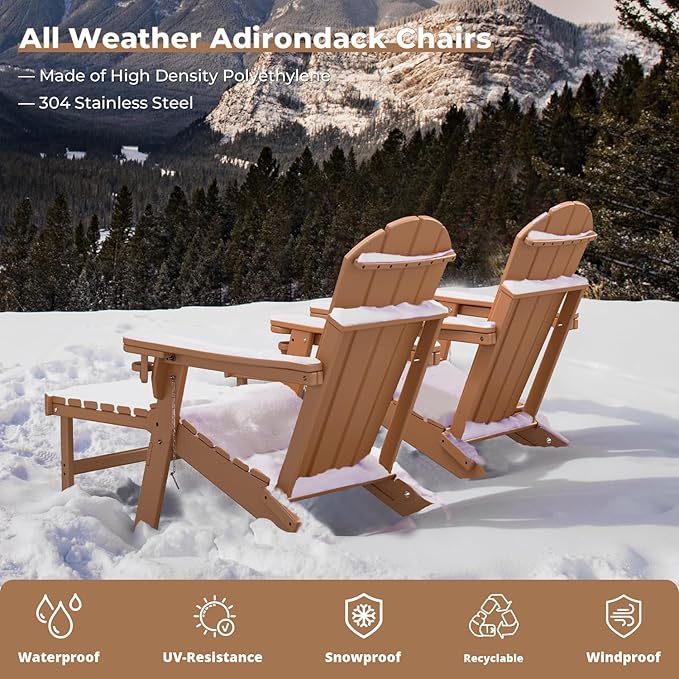 BRIOPAWS Adirondack-Chair-with-Pull-Out-Footrest | Folding | HDPE Plastic | Fire Pit Chairs | All Weather | Cup Holders | Curved Back | Retractable Ottoman | for Outdoor Deck Poolside | Teak