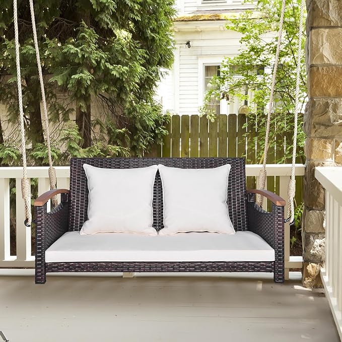 HAPPYGRILL 2-Seater Hanging Swing, Outdoor PE Rattan Hanging Swing with Curved Acacia Wood Armrests, Padded Cushions, Porch Swing Bench, Perfect for Patio Garden Deck, 800 lbs Weigh Capacity