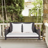 HAPPYGRILL 2-Seater Hanging Swing, Outdoor PE Rattan Hanging Swing with Curved Acacia Wood Armrests, Padded Cushions - Photo 2