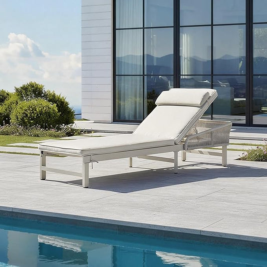 Aluminum Outdoor Lounge Chaise Chair with 2" Thick Cushion & Pillow, 5-Position Adjustable Patio Chaise Lounge with Wheels, 350lbs Capacity Pool Sun Lounge for Deck, Backyard, Beach (1 Chair)