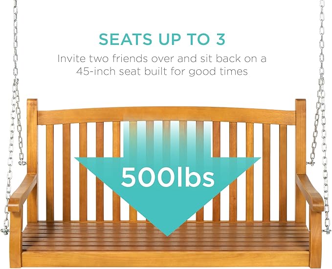 Best Choice Products 48in Wood Porch Swing Outdoor Patio Hanging Bench Chair Furniture for Deck, Garden - Photo 4