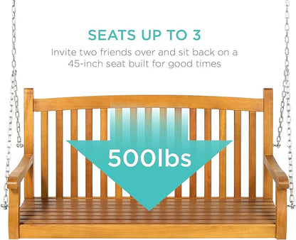Best Choice Products 48in Wood Porch Swing Outdoor Patio Hanging Bench Chair Furniture for Deck, Garden, Yard w/Mounting Chains, Curved Back Design, 500lb Weight Capacity - Brown