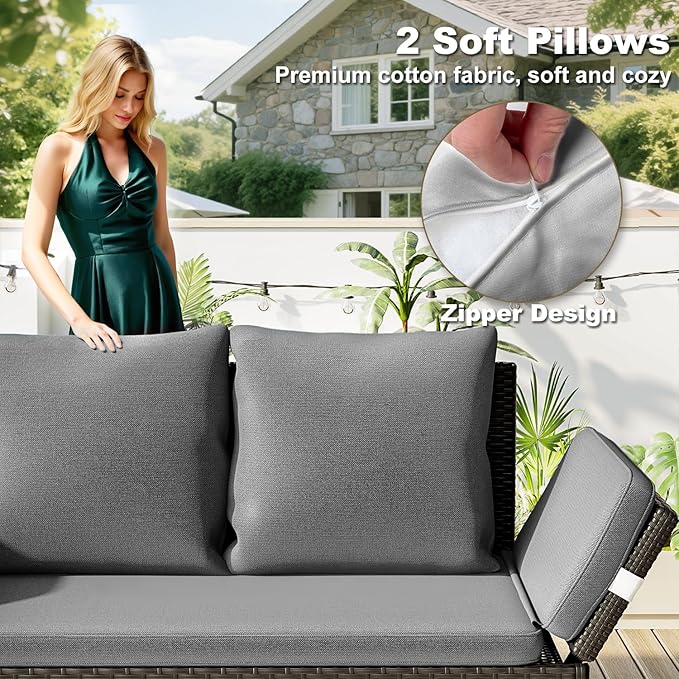 TAVATA Outdoor Patio Sofa, Woven Rattan Patio Loveseat with Adjustable Armrests & Removable Cushions - Photo 5