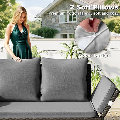 TAVATA Outdoor Patio Sofa, Woven Rattan Patio Loveseat with Adjustable Armrests & Removable Cushions, Convertible Daybed Couch with 2 Pillows for Patio, Porch, Poolside (Grey)