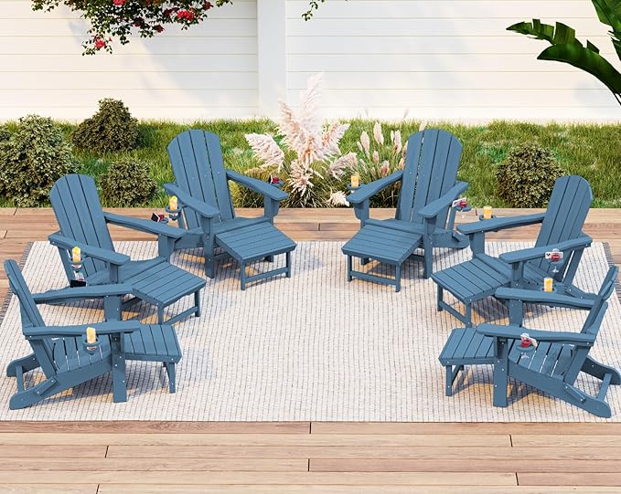 KINGYES Folding Adjustable Adirondack Chair with Ottoman & 2 Cup Holders Set of 6 - Photo 1