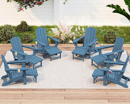 KINGYES Folding Adjustable Adirondack Chair with Ottoman & 2 Cup Holders Set of 6, HDPE Recliner Adirondack Chair with Footrest, Brown