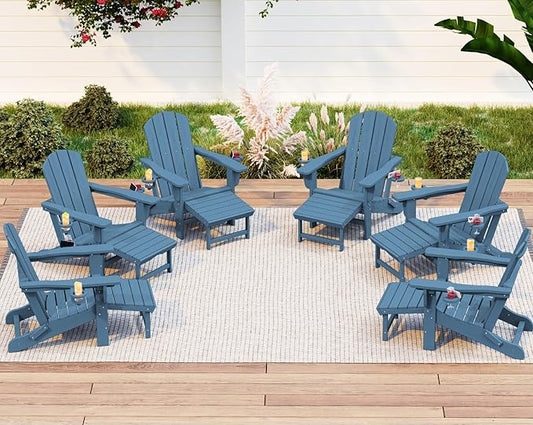 KINGYES Folding Adjustable Adirondack Chair with Ottoman & 2 Cup Holders Set of 6, HDPE Recliner Adirondack Chair with Footrest, Brown